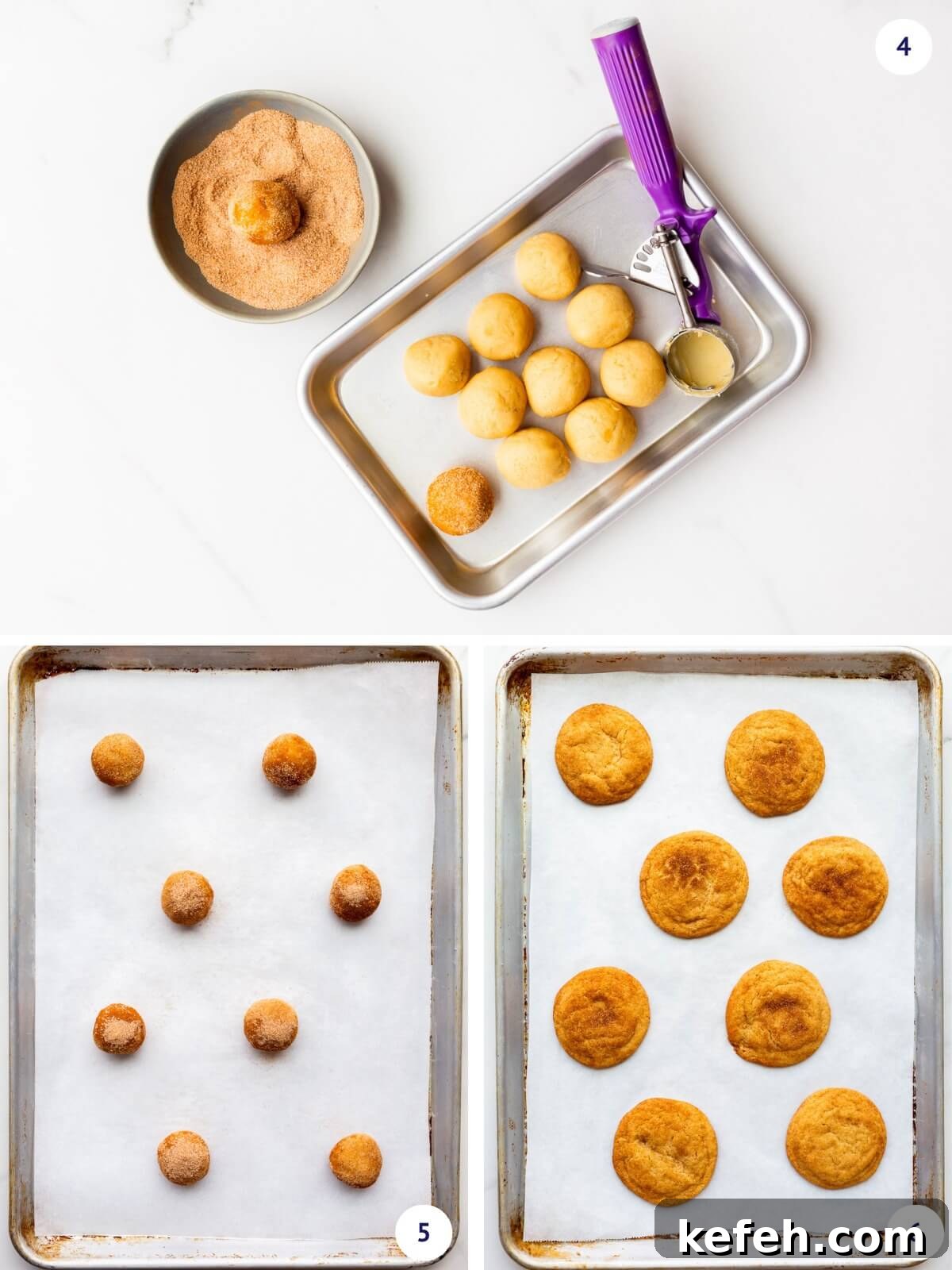 Classic Cinnamon Sugar Snickerdoodle Cookies 5 Scooping sugar cookie dough and rolling it in cinnamon sugar before baking the snickerdoodles.
