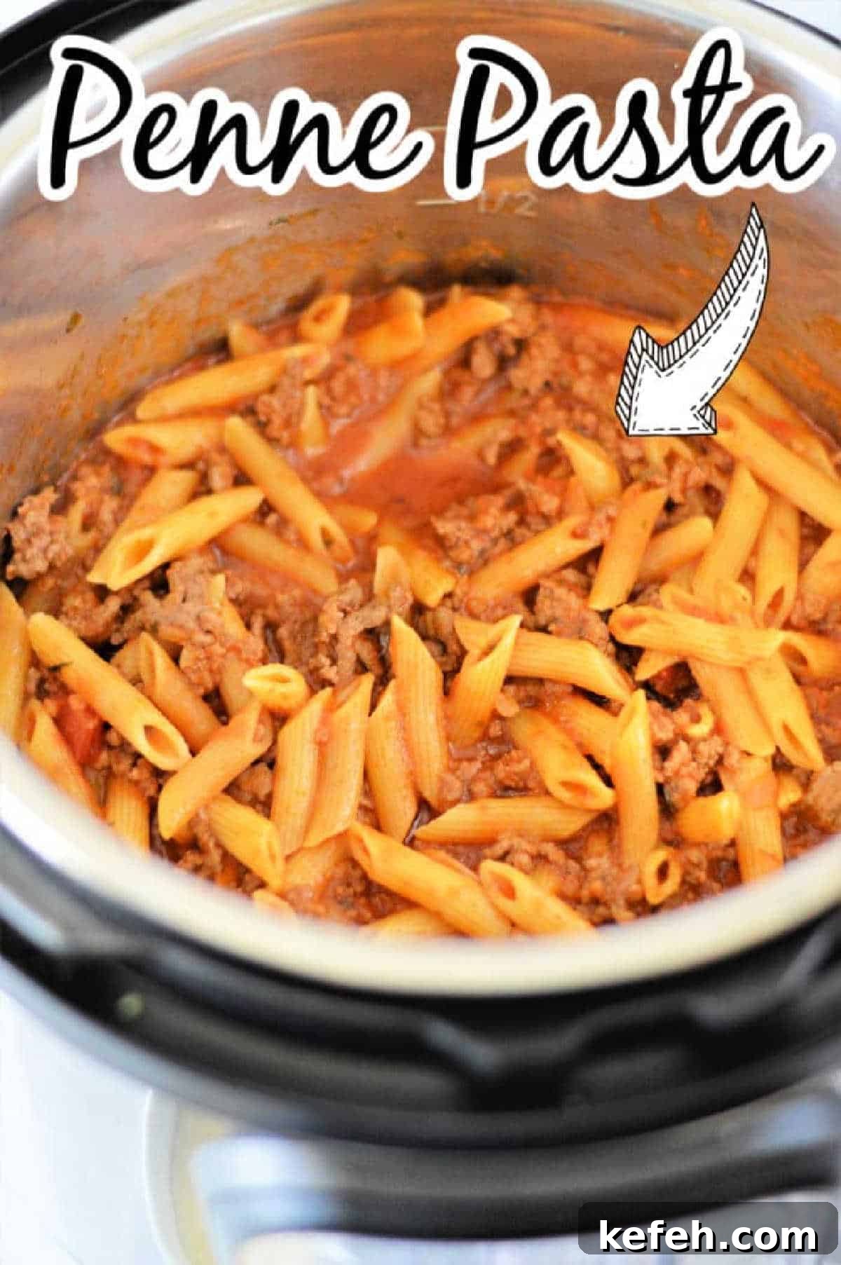 Creamy Instant Pot Penne Pasta Recipe 5 Instant Pot penne pasta with savory meat sauce, served piping hot and topped with "Penne Pasta" text above.