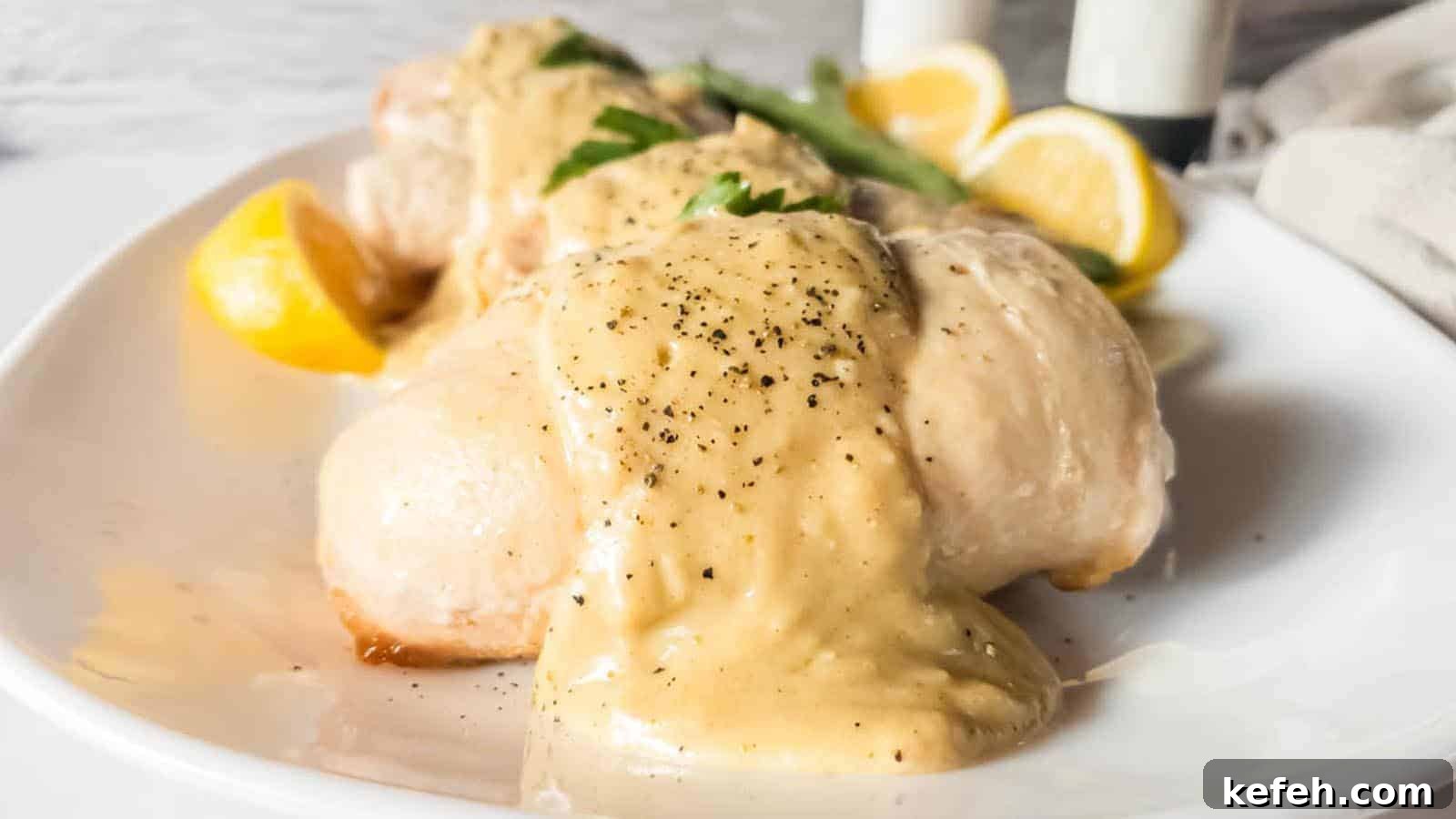 25 Low-Carb Dinners Even Carb Lovers Can't Resist 14 Plate of chicken cordon bleu topped with creamy sauce and black pepper.