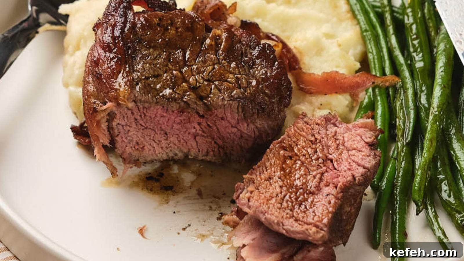 25 Low-Carb Dinners Even Carb Lovers Can't Resist 20 A plate with bacon wrapped beef tenderloin and green beans.