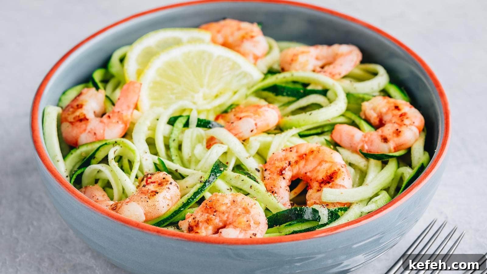 25 Low-Carb Dinners Even Carb Lovers Can't Resist 21 A bowl of shrimp scampi garnished with lemon slices, placed on a light grey surface next to a fork.