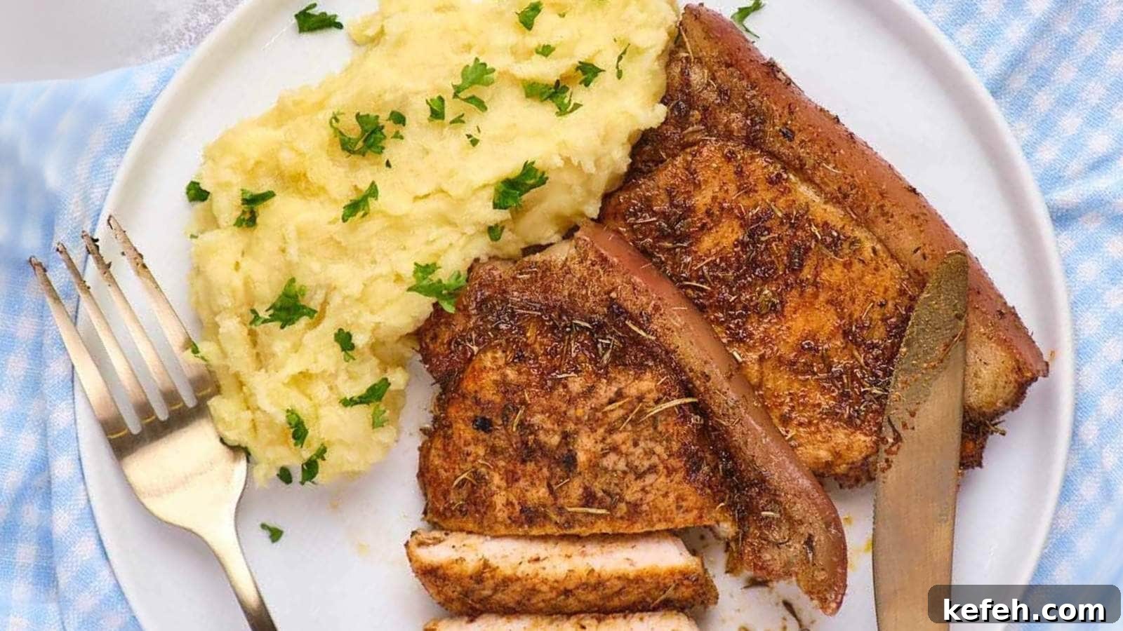 25 Low-Carb Dinners Even Carb Lovers Can't Resist 4 Air fryer boneless pork chops, mashed potatoes topped with parsley.