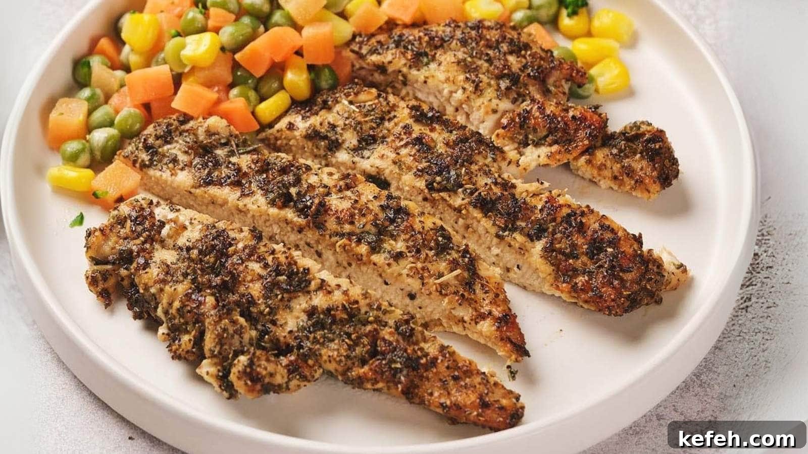 25 Low-Carb Dinners Even Carb Lovers Can't Resist 5 Pan seared chicken breast served with a side of mixed vegetables, including corn, carrots, and edamame, on a white plate.
