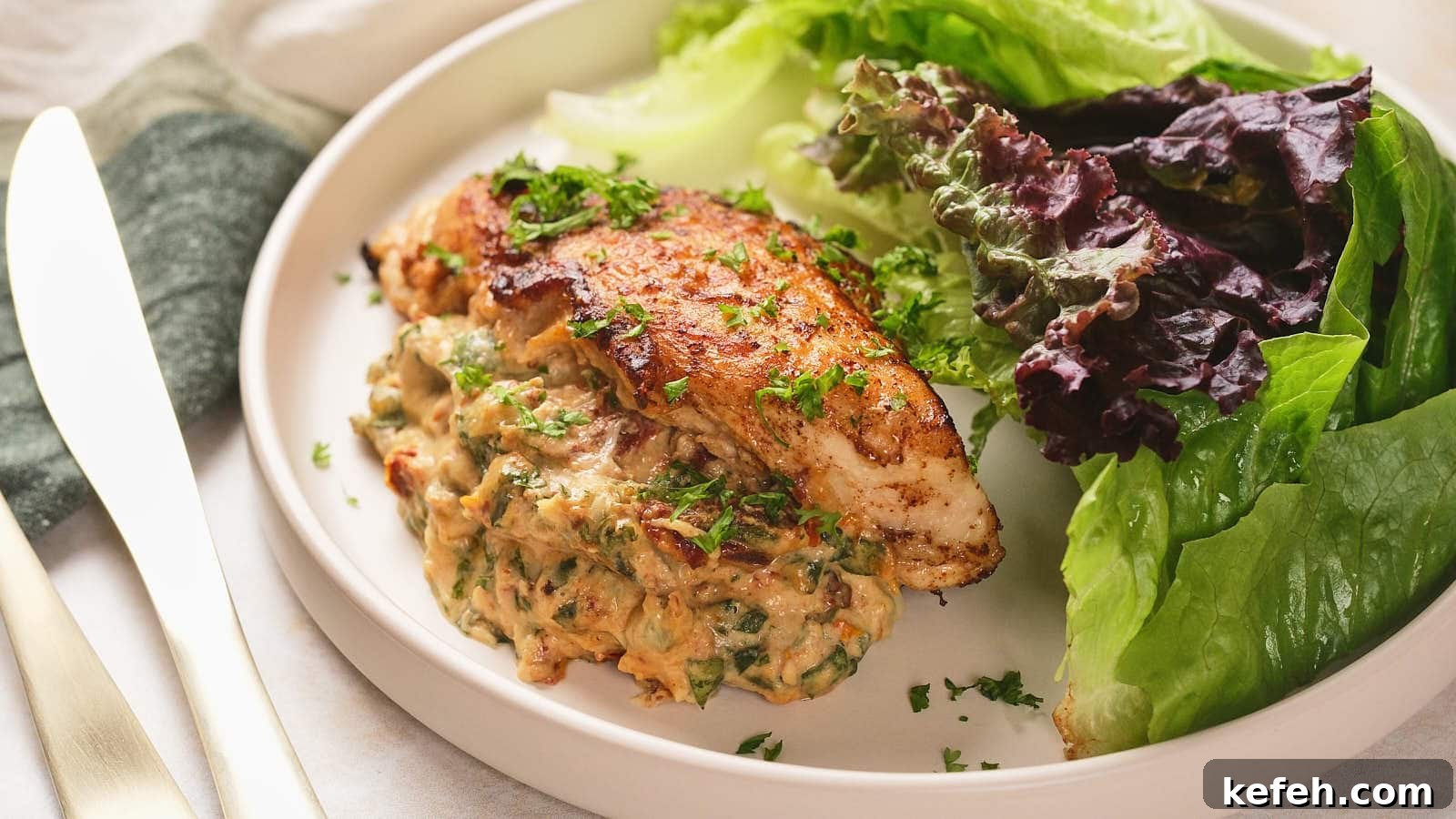 25 Low-Carb Dinners Even Carb Lovers Can't Resist 7 A plate with a cooked stuffed chicken breast garnished with herbs, served alongside fresh green and purple lettuce leaves.