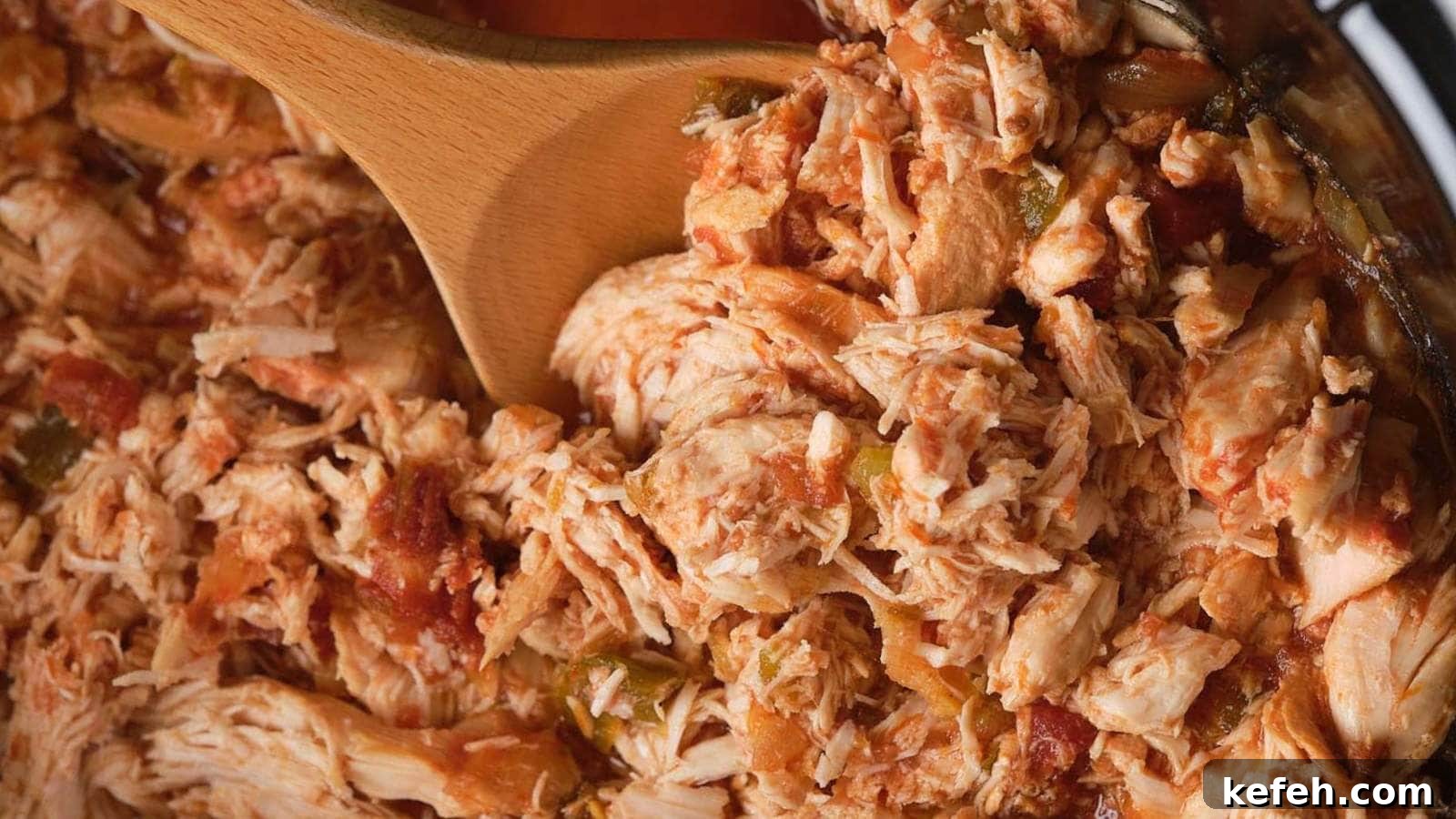 25 Low-Carb Dinners Even Carb Lovers Can't Resist 8 Close-up of shredded chicken mixed with salsa, being stirred with a wooden spoon.