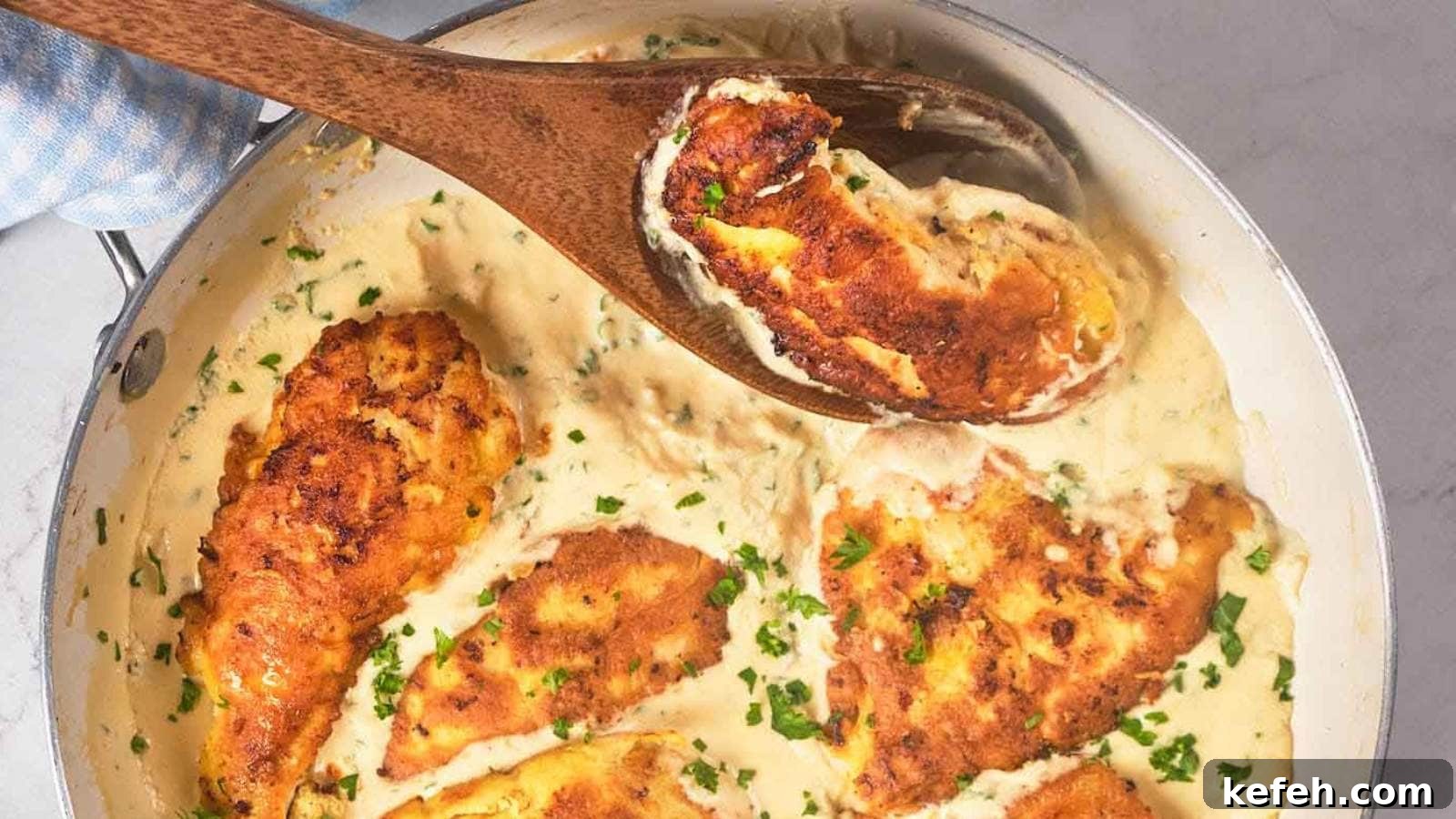 25 Low-Carb Dinners Even Carb Lovers Can't Resist 10 A skillet filled with chicken francese garnished with chopped herbs, being stirred with a wooden spoon.