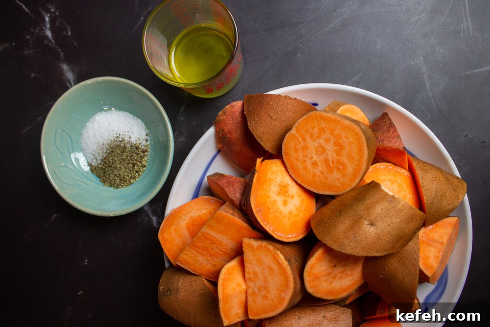 Crispy Roasted Sweet Potatoes with Garlic and Herbs 4 sweet potatoes, salt, pepper, olive oil